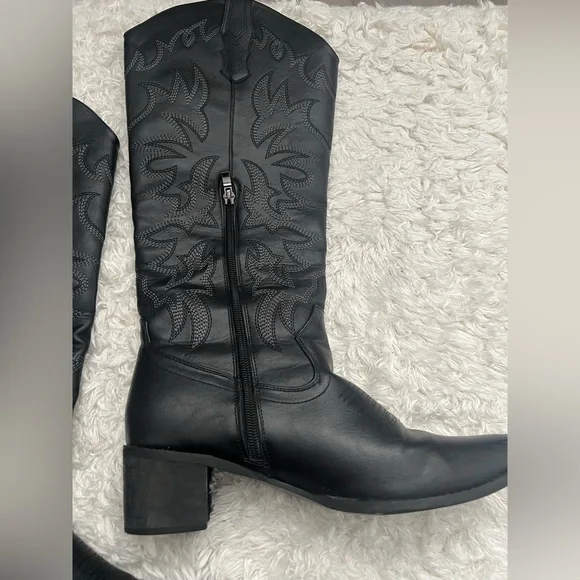 Black Western Embroidered Knee High Cowboy Boots Pointed Toe Festival Boots - Picture 8 of 16